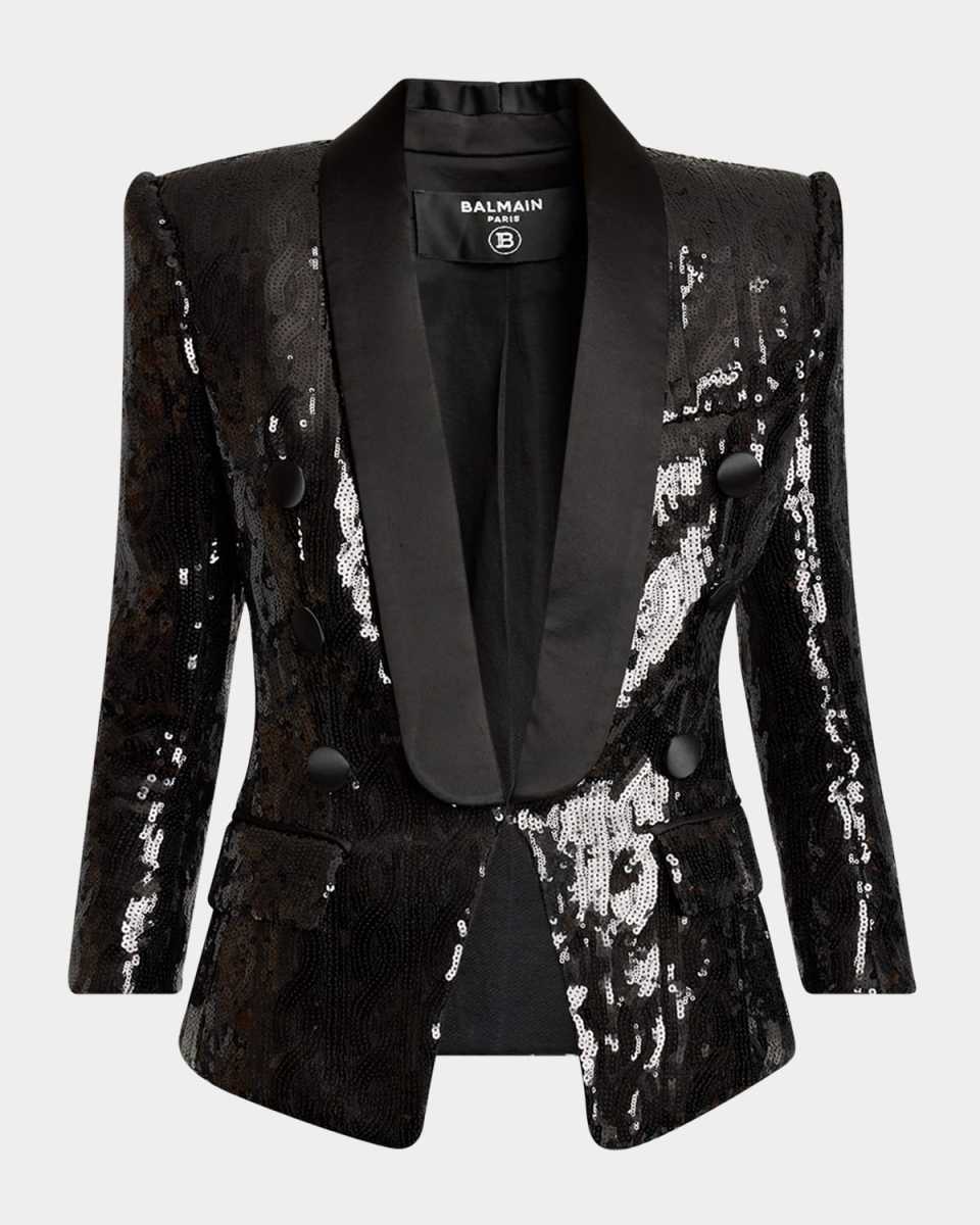 Sequined Double-Breasted Satin Tailored Jacket